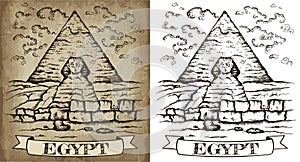 Sketch drawing black and white poster of Egypt. Hand drawn Great Sphinx of Giza, Cairo landscape, Pyramid of Khufu, Cheops