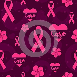 Pink seamless pattern with ribbons, hearts and flowers to raise awareness against breast cancer.