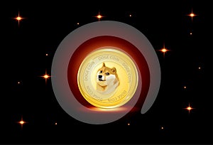 Doge coin on fire red background and stars. soge to the moon. vector eps10