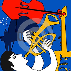 Musical promotional poster with musician playing trumpet, musical instruments colorful vector. Violoncello, piano, trumpet, guitar
