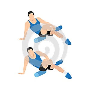 Man doing Foam roller flutes. butt stretch exercise.