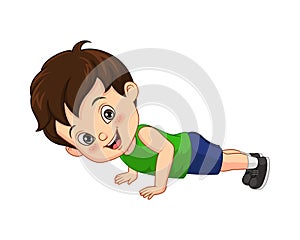 Cartoon little boy doing push up photo