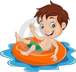 Cartoon little boy floating with inflatable ring