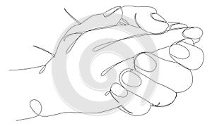 Silhouettes of human hands folded into a castle, in a modern one line style. Continuous line drawing, aesthetic outline for home d