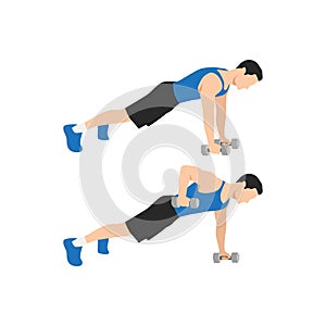 Man doing Renegade.Alternating plank. Commando Rows exercise photo