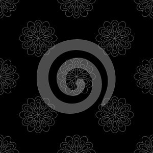 Abstract gray mandala flowers on black background. Seamless doodle pattern.