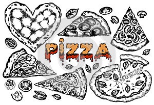 Sketch drawing set of italian pizza Margherita, Marinara, pepperoni, tomato, mozzarella, mushroom, basil, seafood, cheese