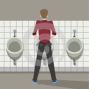 Man urinating in a public toilet vector flat design