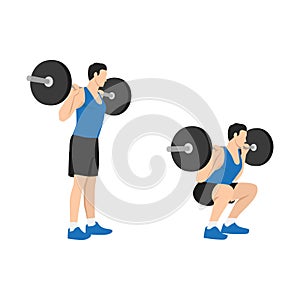 Man doing Barbell squat exercise. Flat vector photo