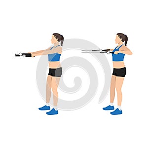 Woman doing Upper back farmers Resistance band exercise