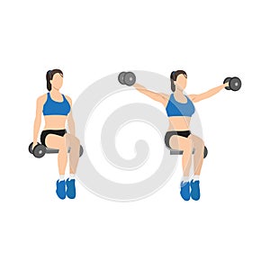 Woman doing Seated lateral. Side shoulder dumbbell raises photo