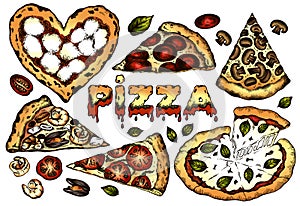 Sketch drawing set of colorful pizza set isolated on white background. Hand drawn italian food, tomato, salami, mozzarella
