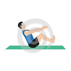 Yoga Man in Boat pose. Male cartoon character practicing Hatha yoga