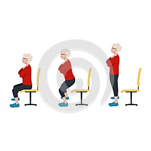 Old woman sit to stand exercise. Once standing, raise your head photo