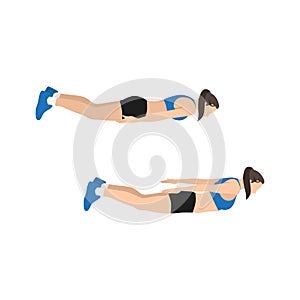 Woman doing Prone back extension exercise. Flat vector photo