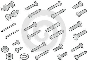 Screws / nuts / nails and wall plugs collection - vector isometric outline illustration