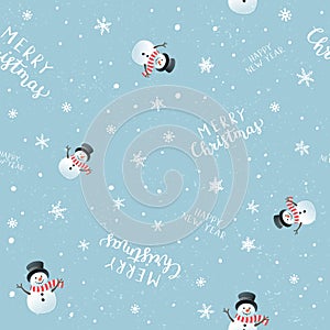 Vector seamless pattern. Funny snowmen, snowflakes, and lettering merry Christmas on blue background