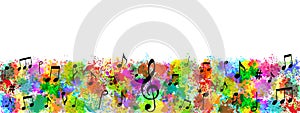 Vector Black Music Notes in Colorful Spatters and Splashes Background Banner