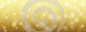 Vector Abstract Music Notes, Sparkles and Bokeh in Golden Gradient Background Banner