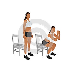 Woman doing Chair squat exercise. Flat vector photo