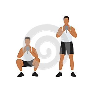 Man doing Kettle bell goblet squat exercise.