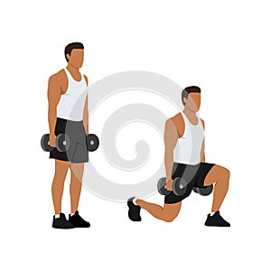 Man doing dumbbell lunges. Vector set of workout