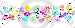 Vector Black Music Notes in Colorful Spatters and Splashes Background Banner