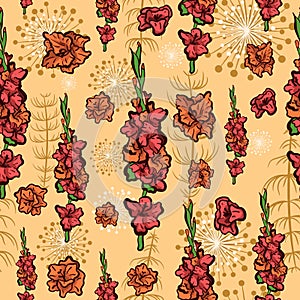 Orange seamless pattern of a floral image with gladiolus flowers and bouquets. Repeat background with garden plants and spring lea