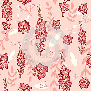 Pink seamless pattern of a floral image with gladiolus flowers and bouquets. Repeat background with garden plants and spring leave
