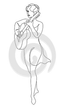 Silhouette of a beautiful woman with a guitar in a modern continuous line style. Girl guitarist, slender. Continuous line drawing,