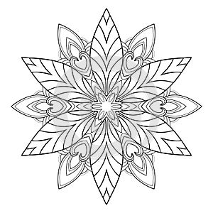 Simple mandala with floral and striped patterns on a white isolated background.