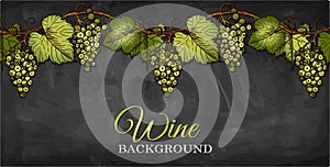 Sketch hand drawn Wine poster with green grapes and leaves on branch isolated on blackboard.