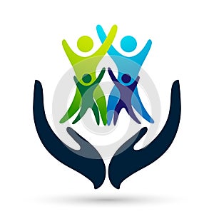 People care protect family care children Helping hands world giving hands  open caring hands hold family logo icon vector