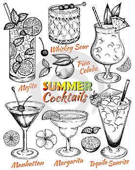 Sketch drawing set of summer cocktails isolated on white background. Hand drawn alcohol drinks