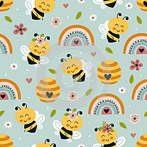 Seamless pattern with bee, beehive, rainbow