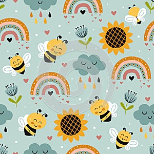 Seamless pattern with bee, sunflower, rainbow