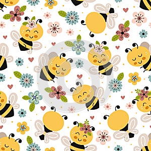 Seamless pattern with bee and flowers