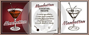 Outline drawing card of Manhattan cocktail in glass with brandied cherry isolated on red and white background.