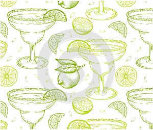 Sketch hand drawn pattern of Margarita cocktail in glass with a slice of green lime isolated on white background.