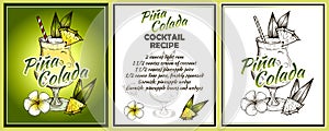 Sketch drawing Pina Colada cocktail recipe on white and green background.