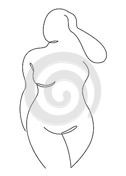 Beautiful woman silhouette in modern single line continuous style. The girl is fat and overweight. Continuous line drawing, outlin photo