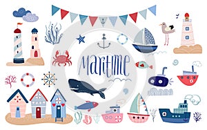 Maritime elements collection, summer vibe, doodle style photo