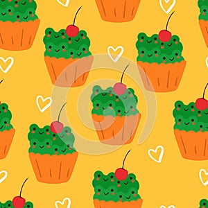 Seamless pattern cupcake with frog design. cute food and animal wallpaper for kids, textile, fabric print, gift wrap paper