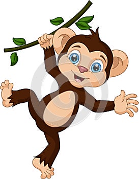 Cute little monkey cartoon hanging on tree branch