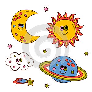 Set of isolated funny  sun, moon, planet, cloud
