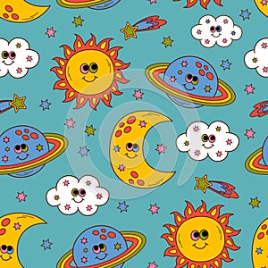 Seamless pattern with  funny  sun, moon, planet, cloud