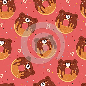 Seamless pattern cartoon chocolate doughnut bear in pink background. cute food wallpaper for kids, gift wrap paper