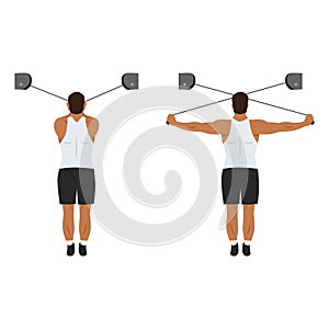 Man doing High cable rear delt fly exercise. Flat vector