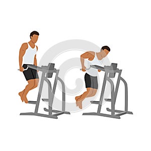 Man doing parallel dip bar exercise. Flat vector illustration