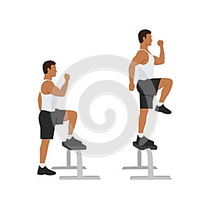 Man doing Step up with knee raises exercise. Flat vector